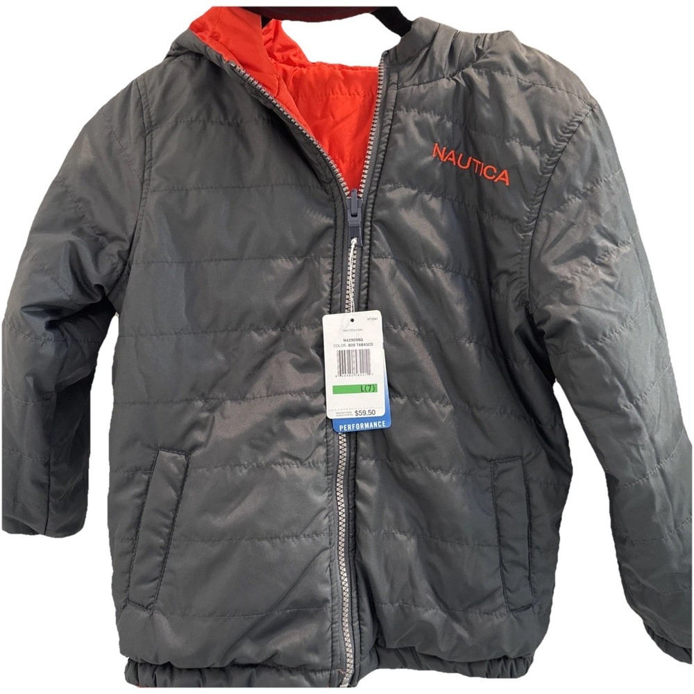 NWT NAUTICAโ REVERSIBLE Kid PUFFER JACKET ORANGE BLACK HOODIE YOUTH LG 7 $59.50